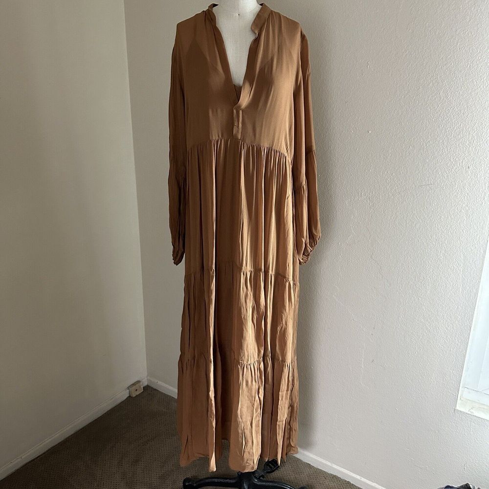 Young‎ Fabulous & Broke Maxi Dress Womens Medium Tan Sheer Lined Ruffle FLAWED*